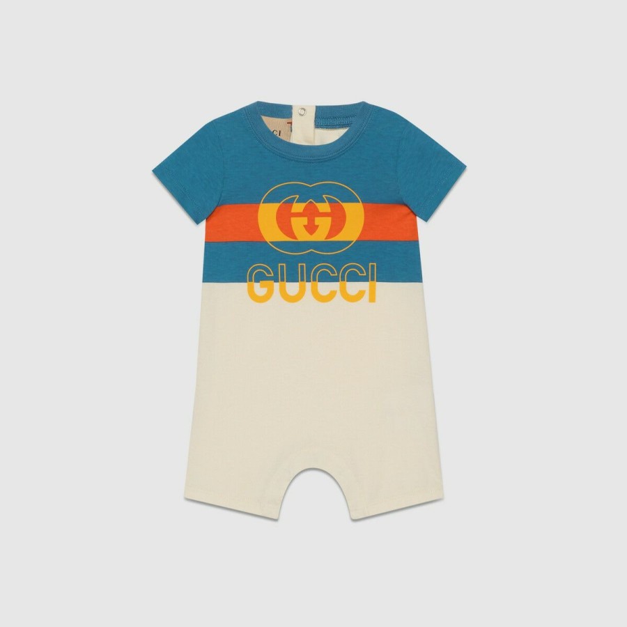 Bambino GUCCI Neonata (0-36 Mesi) | Tutina In Cotone Con Nastro Web Avorio E Blu